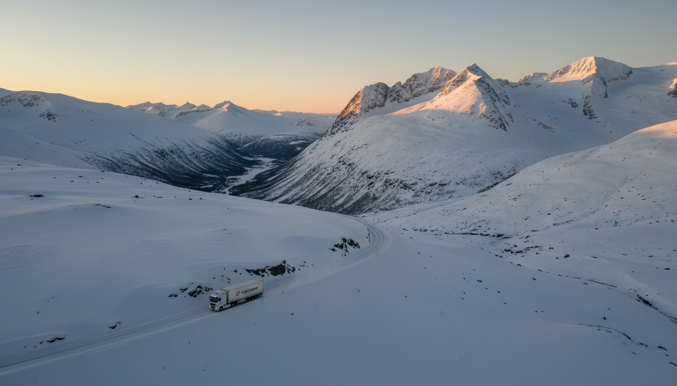 Distribution truck in snowy Norwegian landscape