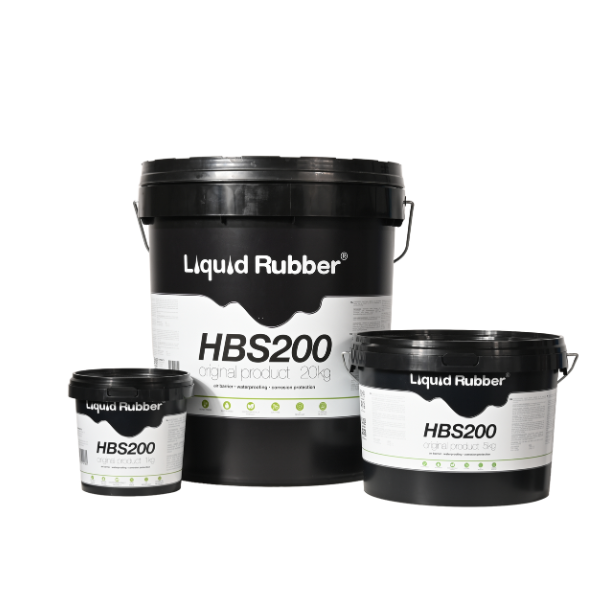 HBS200 product range — 1kg, 5kg and 20kg buckets showing full commercial packaging
