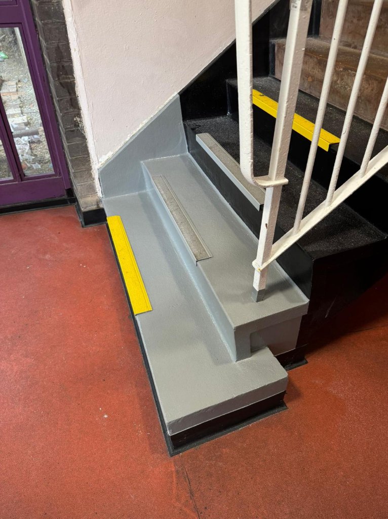 FireGuard Pro 200 applied to stairwell steps — fire protection coating
