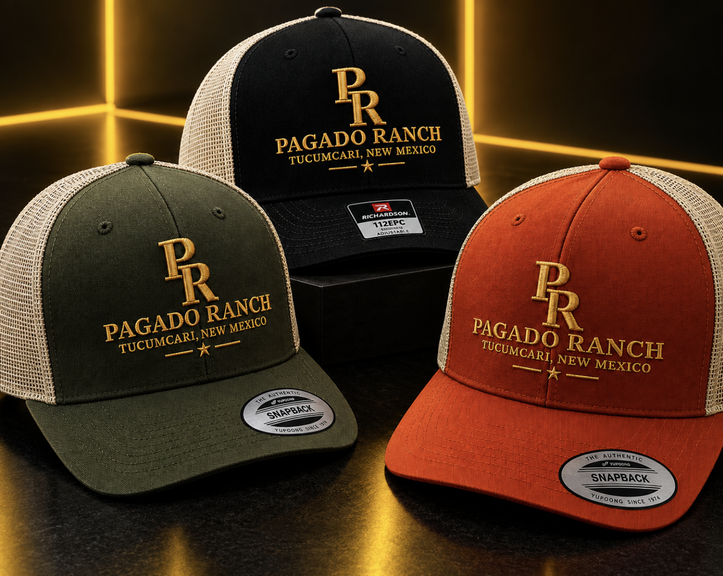 Finished embroidered trucker hats in multiple colors