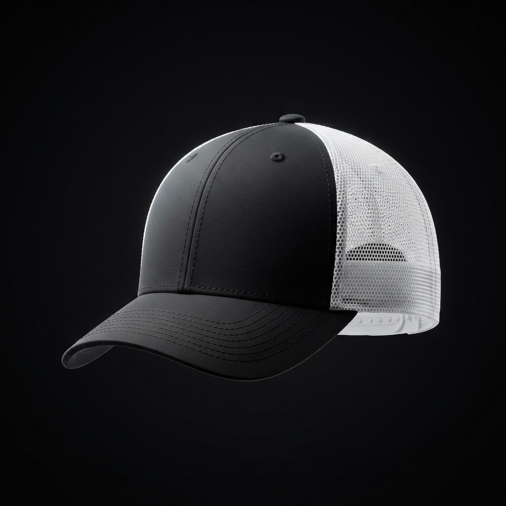 Blank structured trucker hat on a dark background
