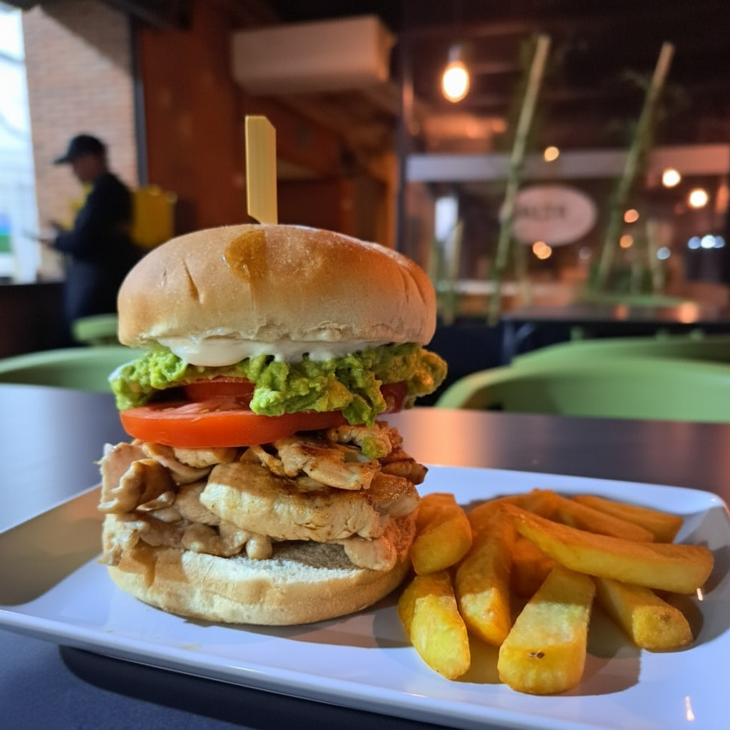 Bocadillo de pollo con guacamole fresco y patatas fritas en Palta Grill