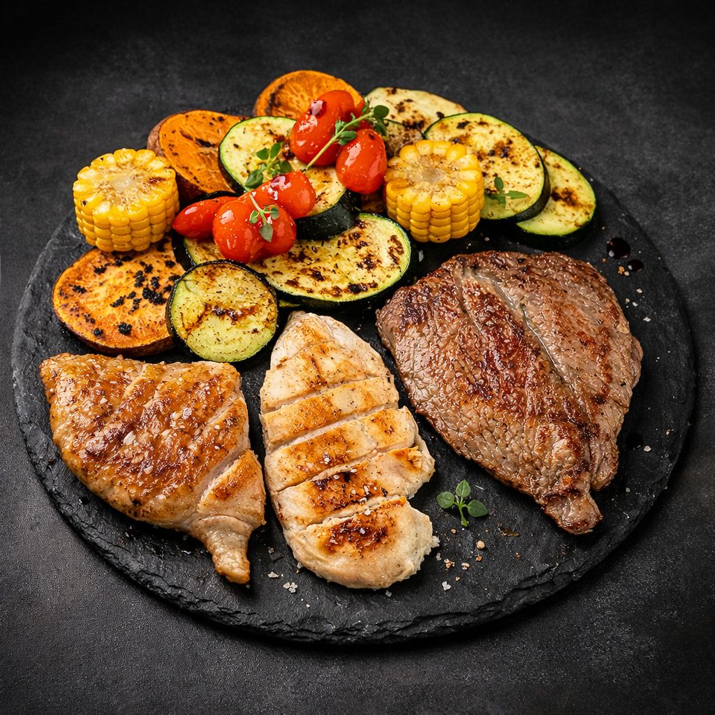 Parrilla mixta de carnes y verduras asadas en Palta Grill