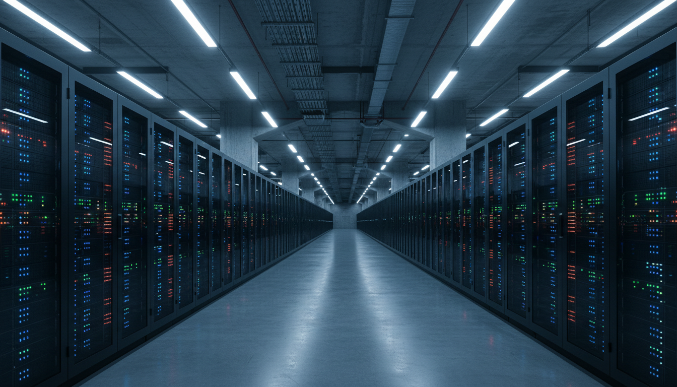 Server hall interior with infinite vanishing point