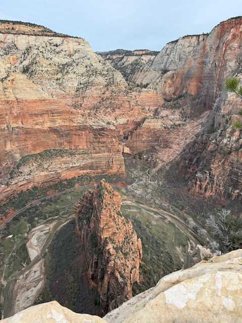Aerial view looking straight down from Angels Landing summit into Zion Canyon