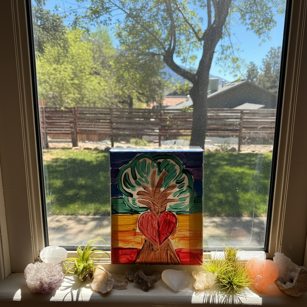 Colorful tree painting with heart on window sill with crystals