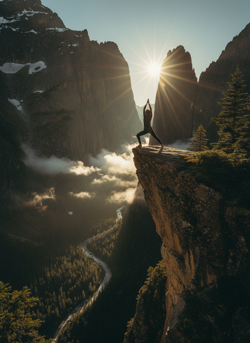 Person in yoga pose silhouetted against Zion canyon walls