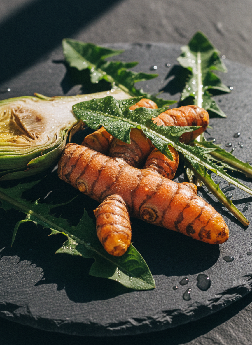 Fresh turmeric root and liver-supporting superfoods in natural light