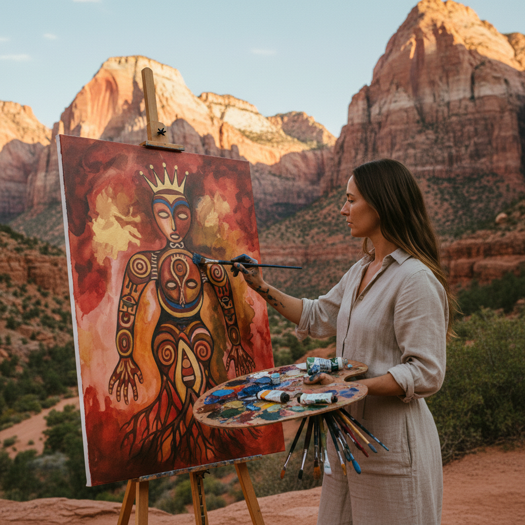 Woman painting on canvas outdoors in Zion National Park
