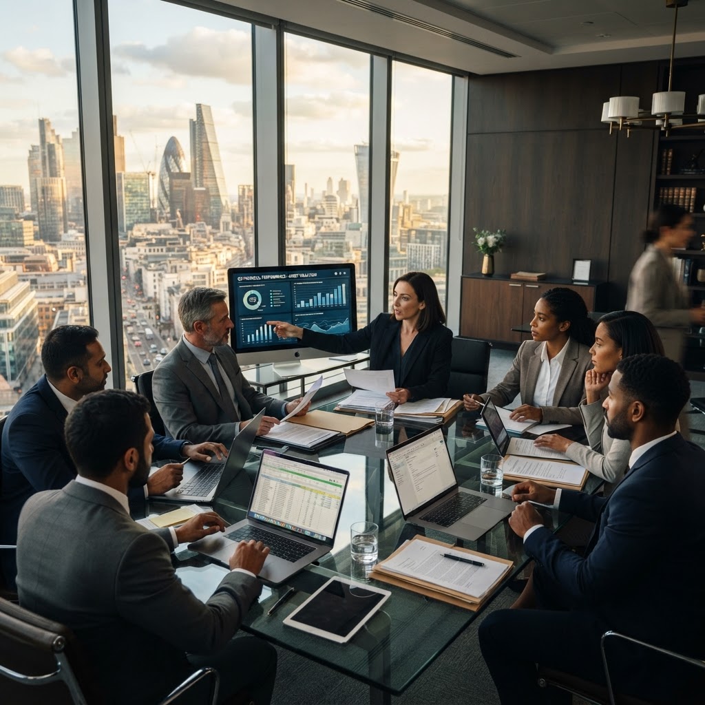 Executive legal team collaborating in a modern office