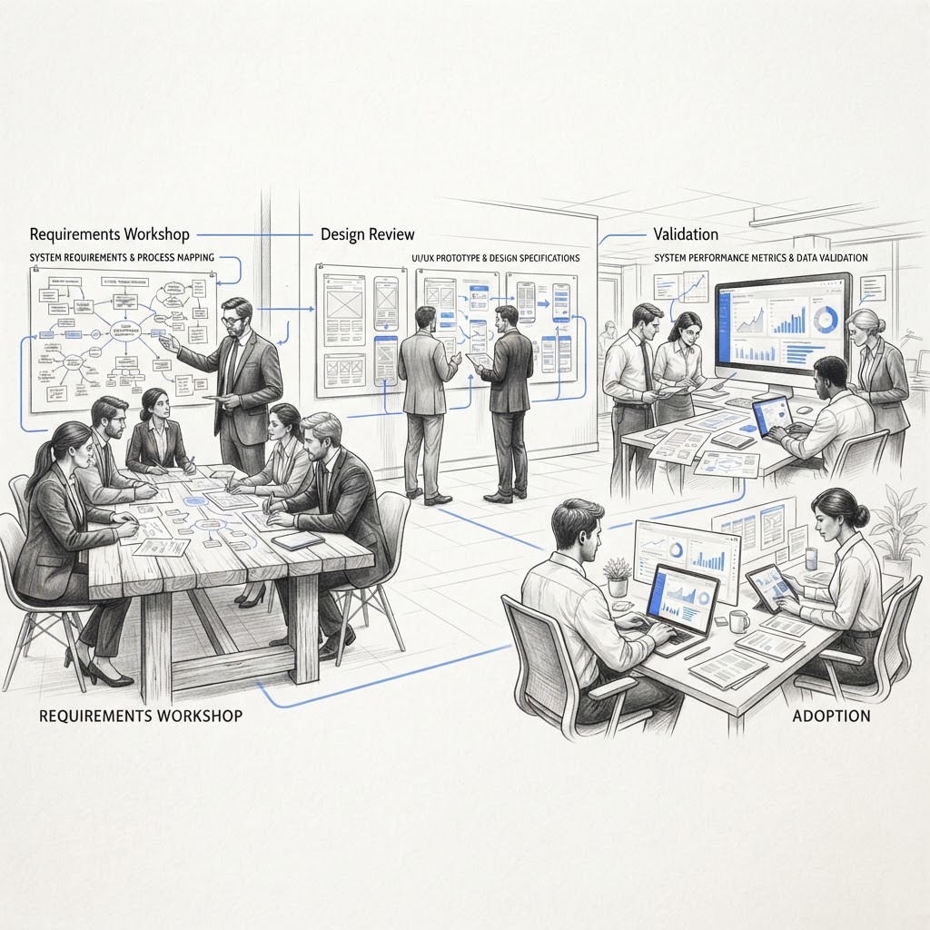 Business professionals participating at different stages of a technology implementation journey