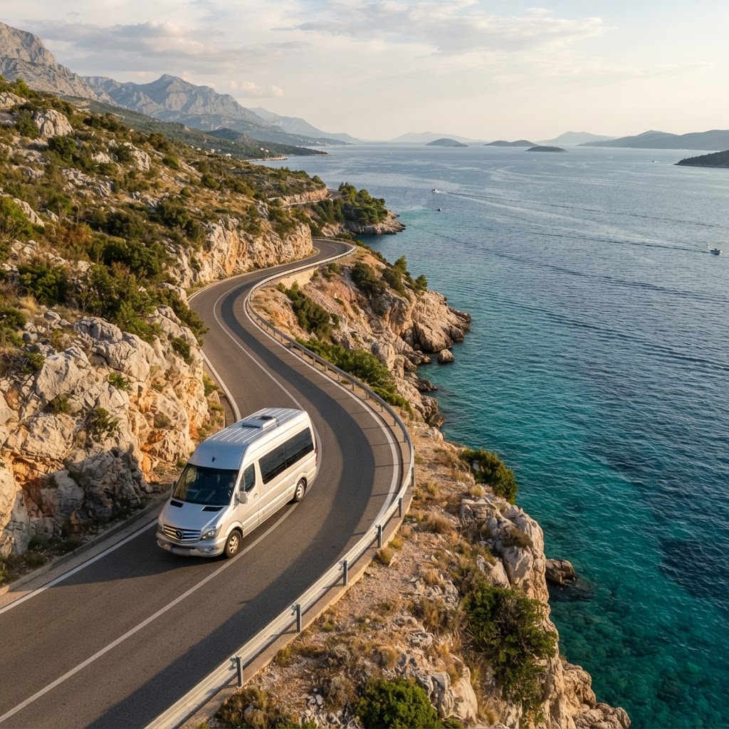 Premium transfer van on a Dalmatian coastal road above the Adriatic near Split