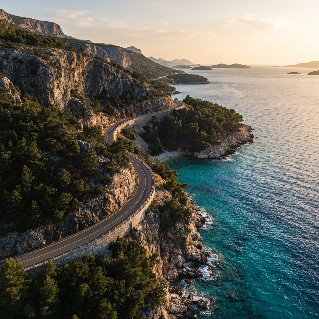 Winding Dalmatian coastal road above the Adriatic