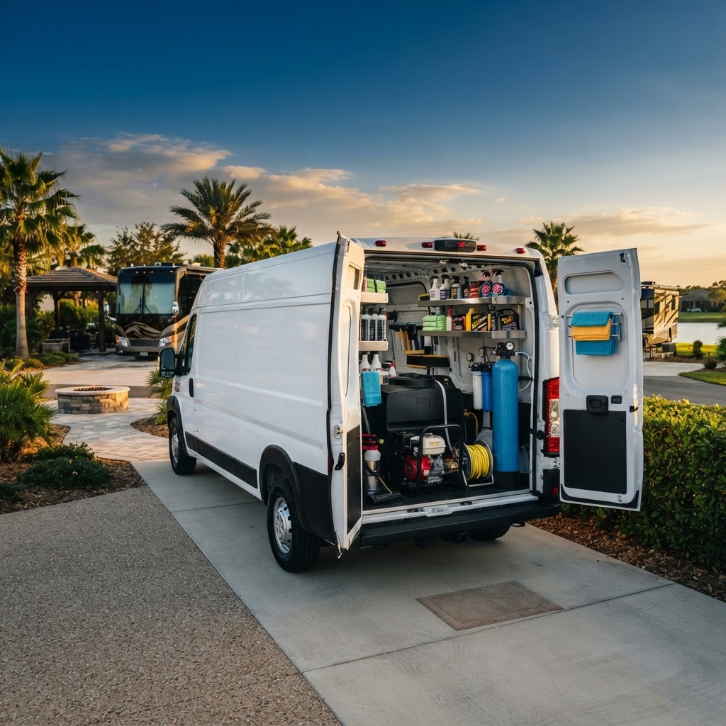 Blue Sky RV Care mobile detailing van set up on-site