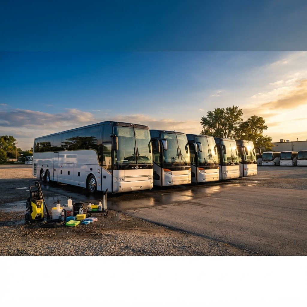 Fleet of freshly washed charter buses at a fleet yard