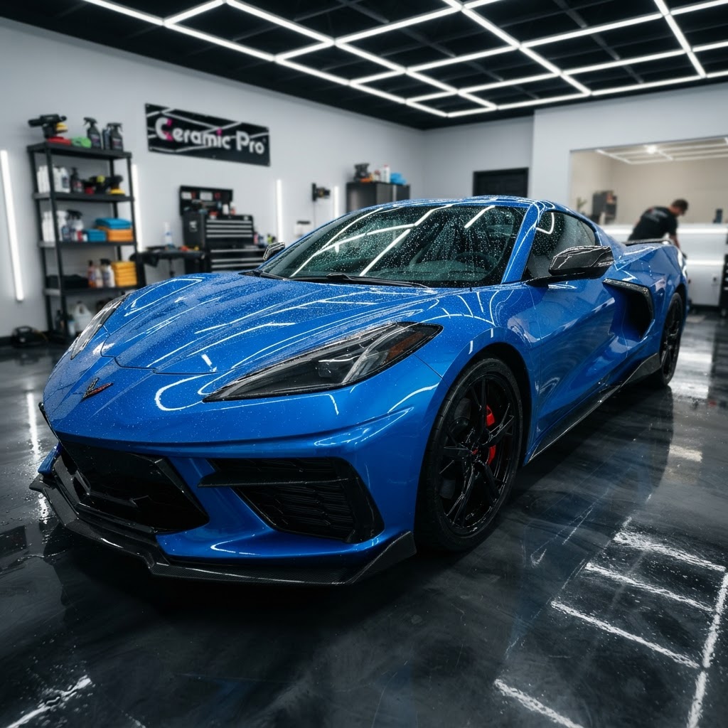 Blue Corvette with ceramic coating under shop lights