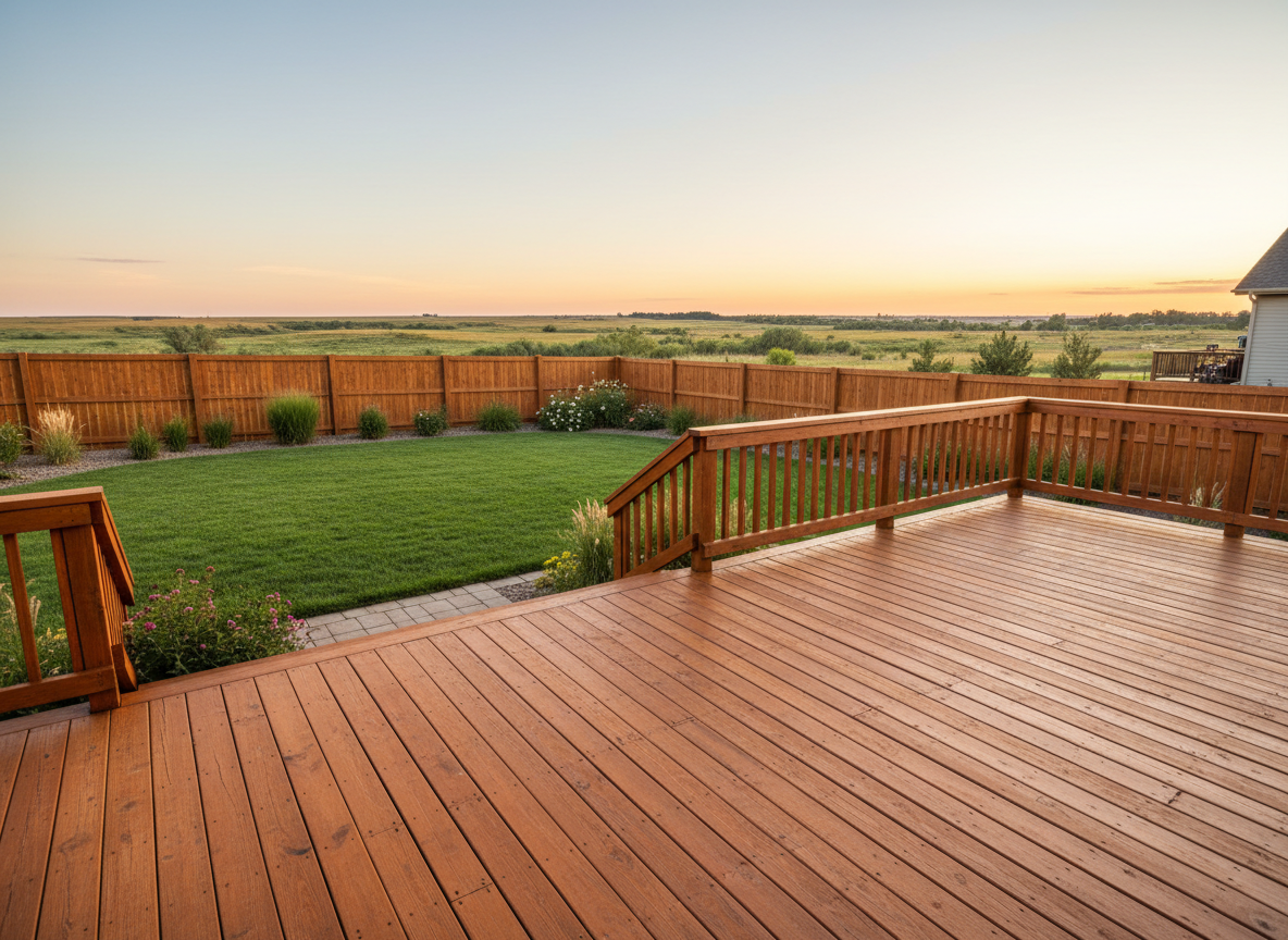 Deck staining vs painting comparison showing freshly stained cedar deck in Saskatoon