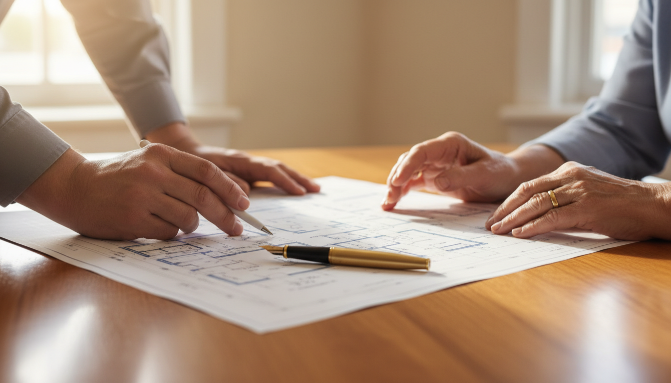 Contractor and homeowner reviewing blueprints together
