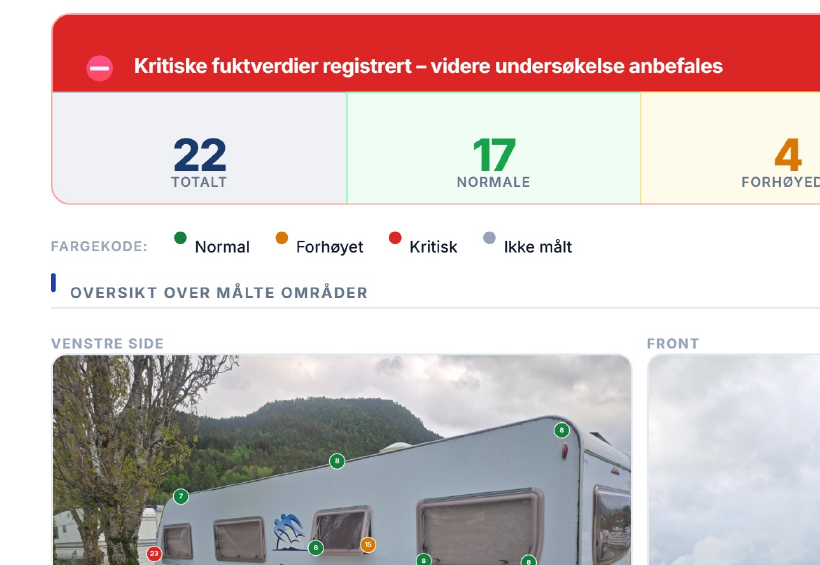 Målepunkter plassert direkte på egne bilder av campingvogn under fuktkontroll