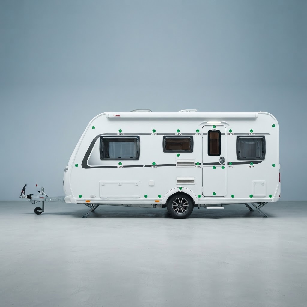 Campingvogn med digitale målepunkter i Fuktsjekk Digital