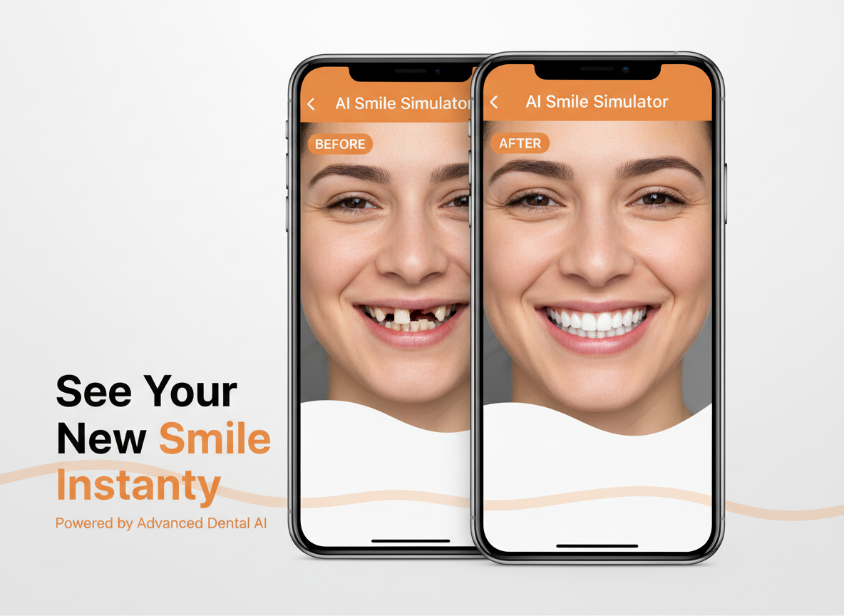 AI Smile Simulator showing before and after dental implant results on two phone screens
