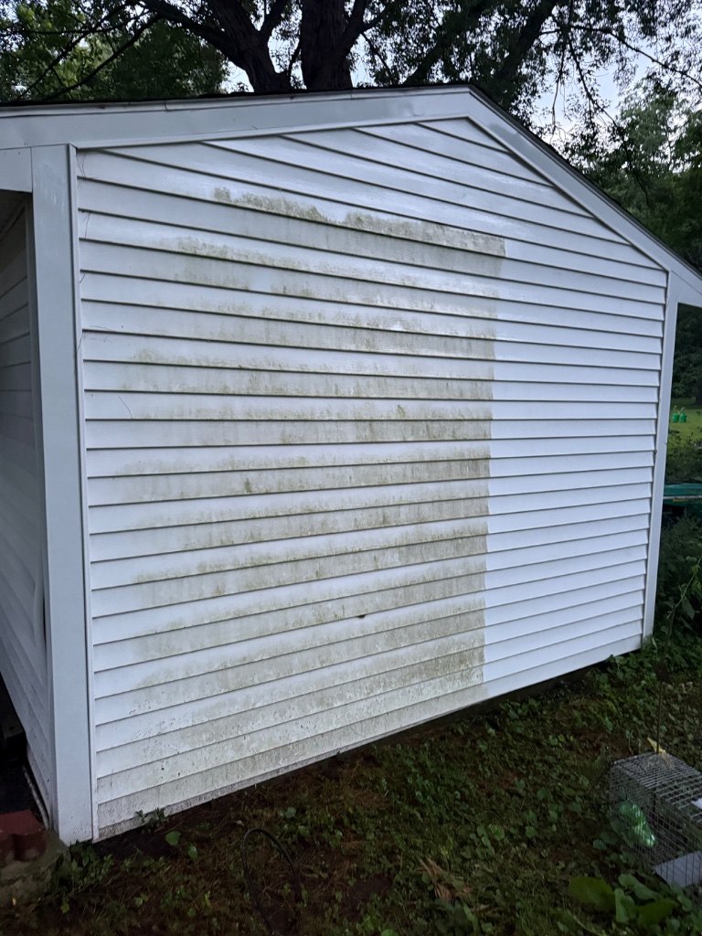 Pressure washing in progress — before and after split on one wall