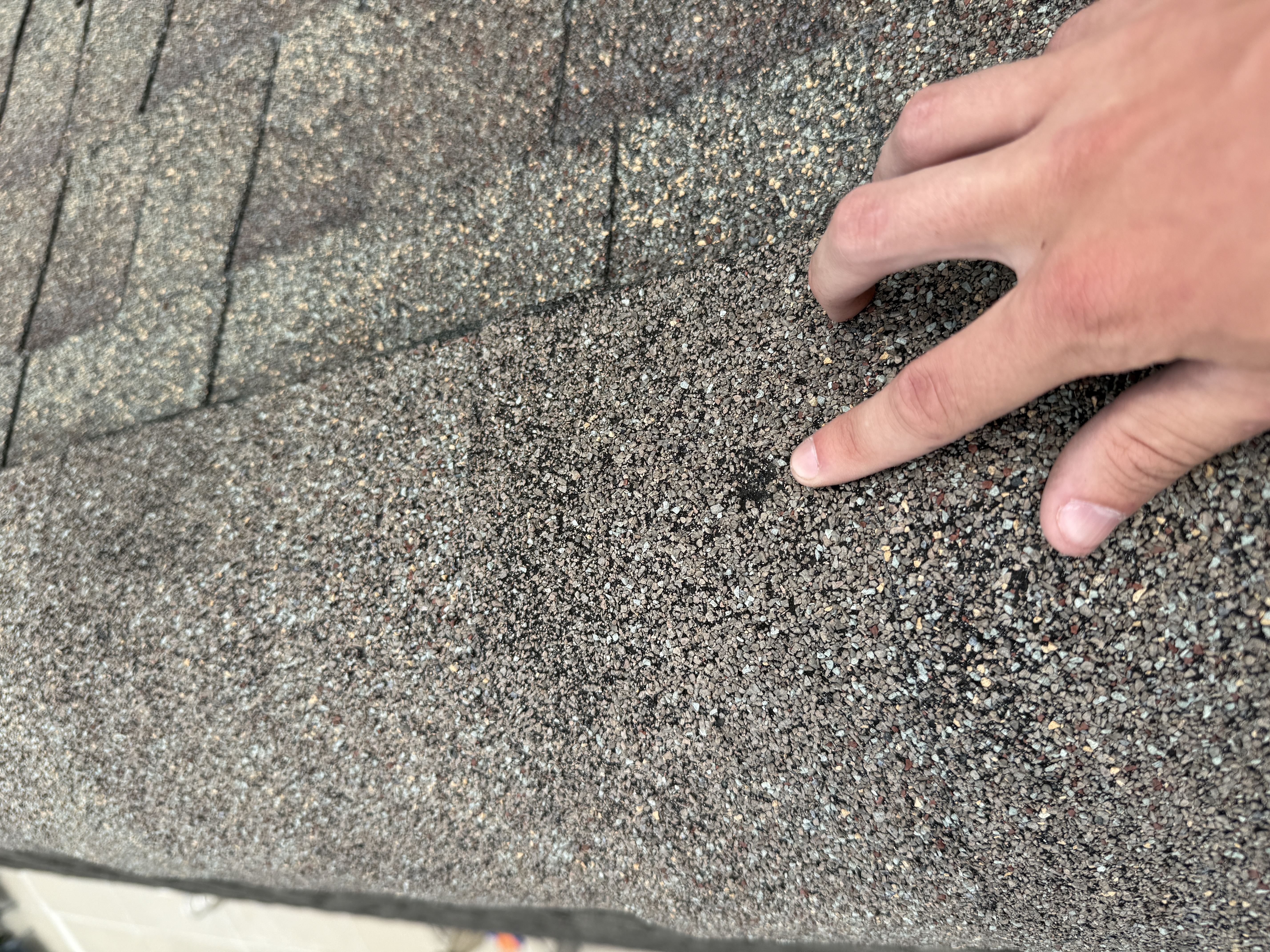 Finger indicating a circular granule-loss spot on a shingle
