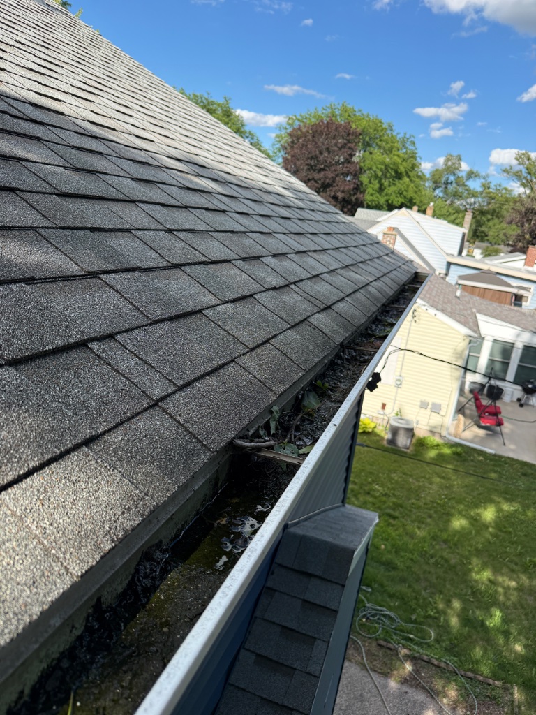 Clogged gutter filled with debris and sludge