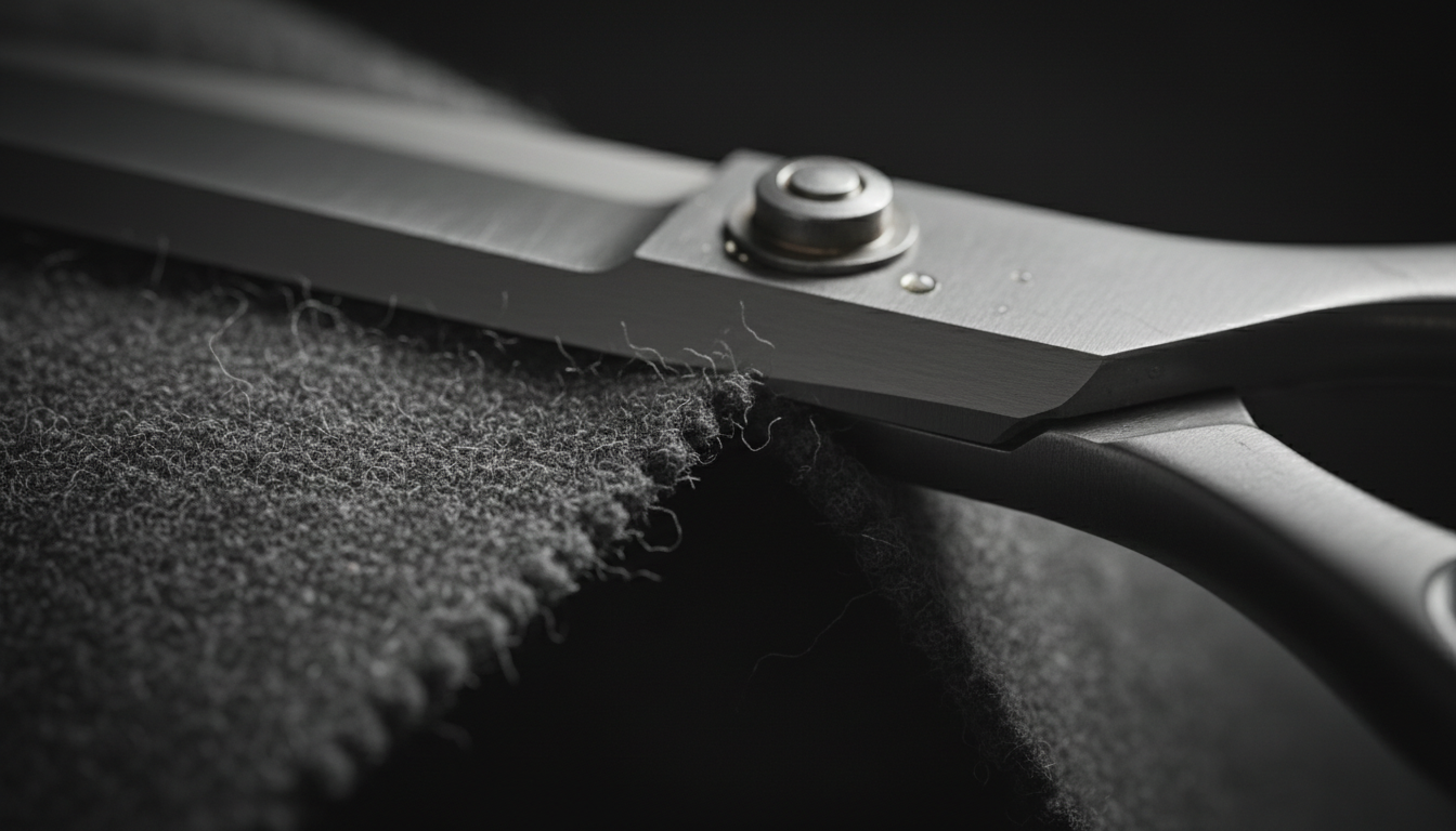 Tailor's shears cutting through charcoal wool