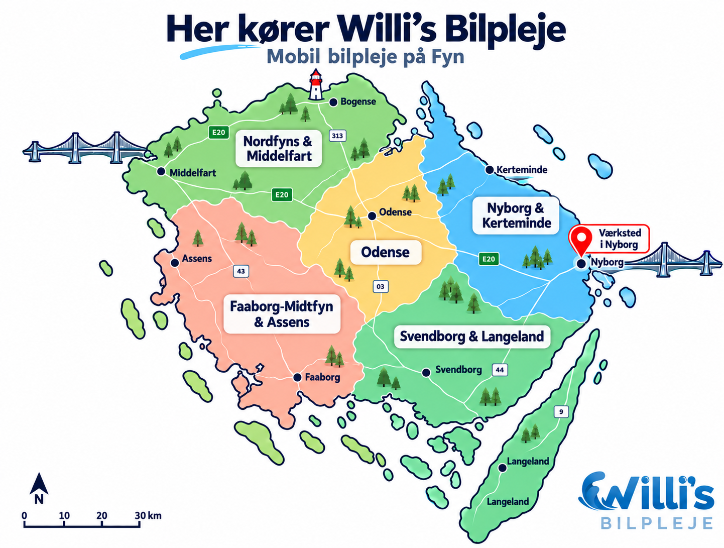 Kort over Fyn med Willi's Bilplejes udekørende områder