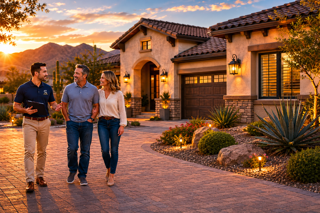 Arizona real estate team with homeowner at luxury property