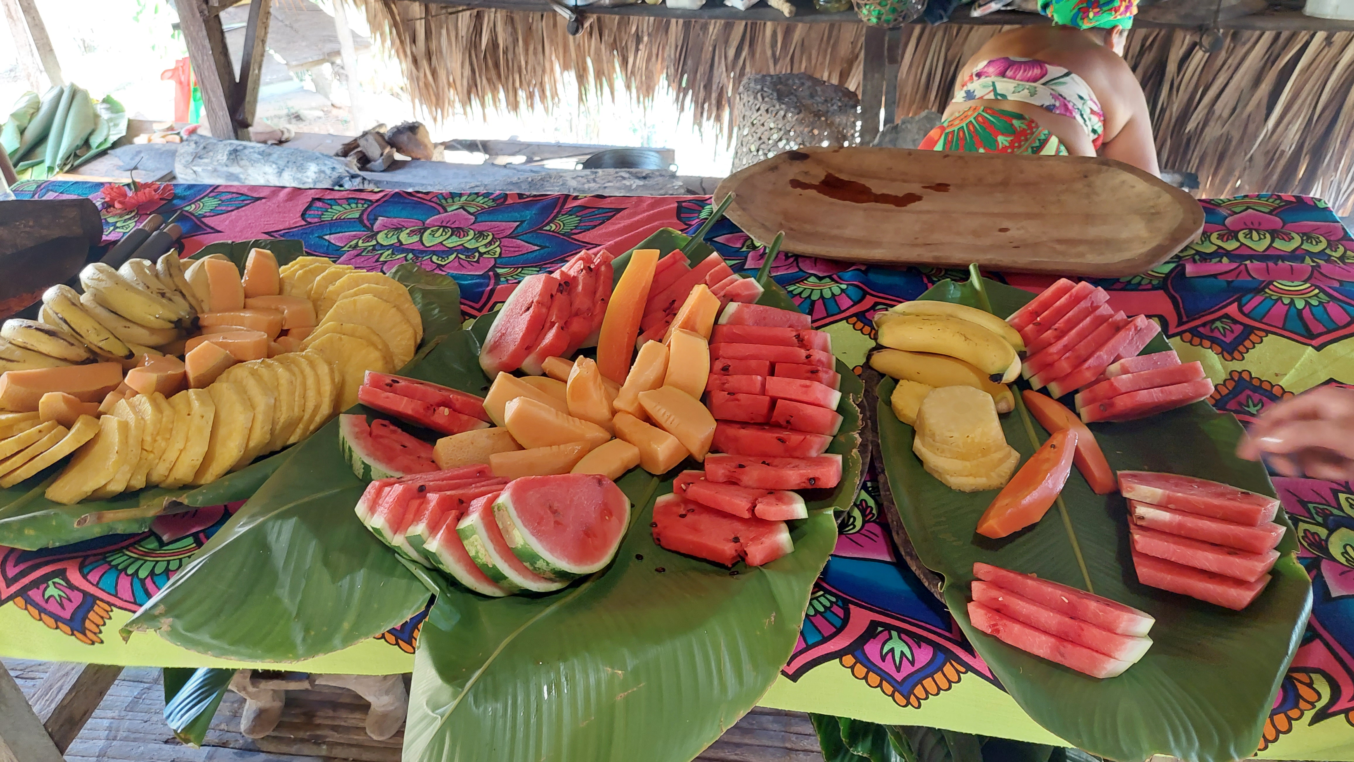 Fresh tropical fruits on banana leaves