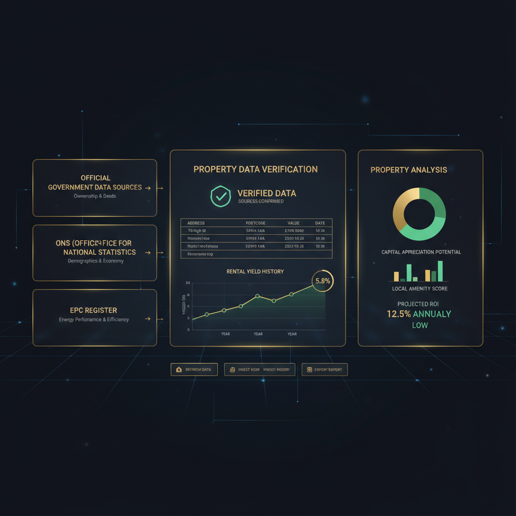 Property data verification flow from official sources to a validated evidence score