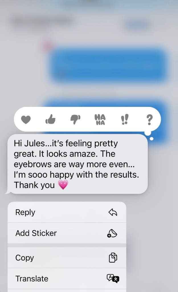 Real patient message about eyebrow results