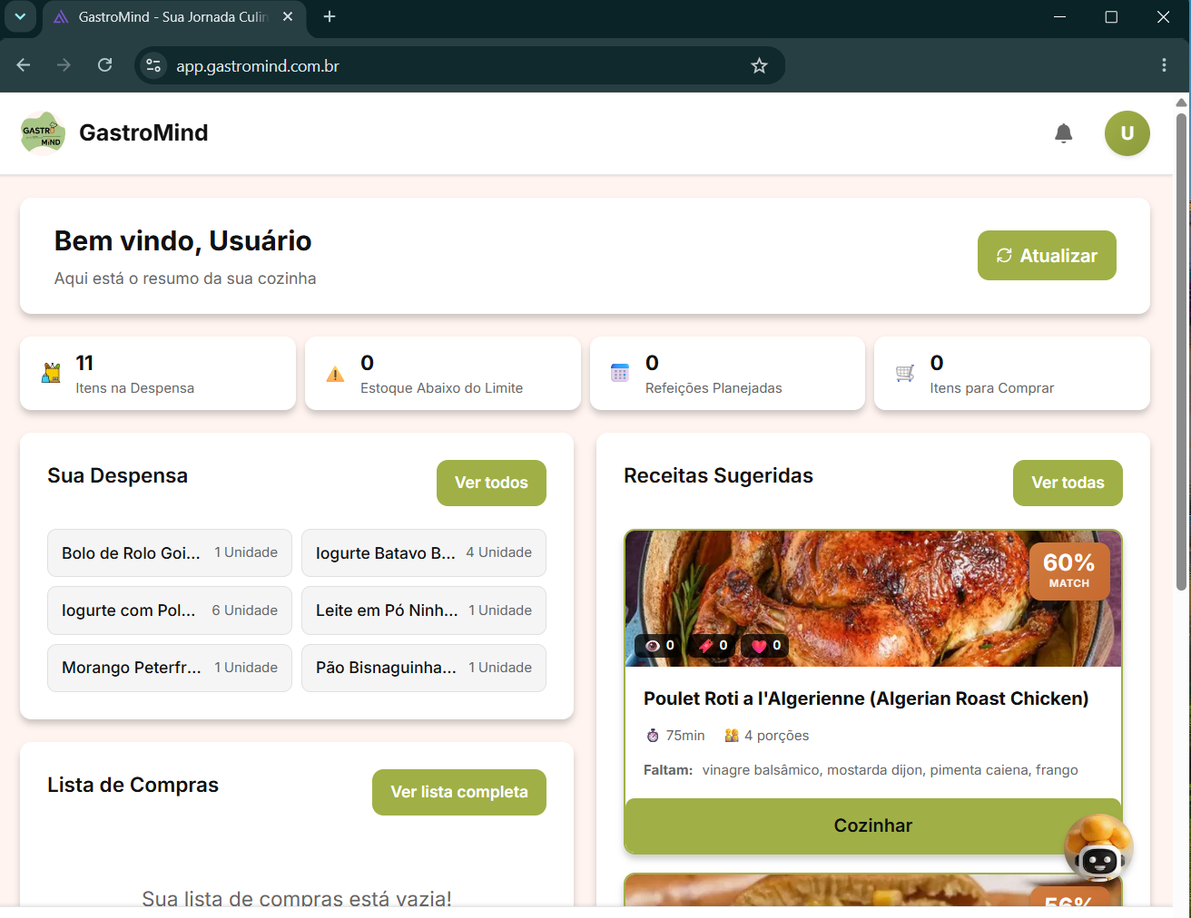 Painel principal do GastroMind com despensa, lista de compras e receitas sugeridas