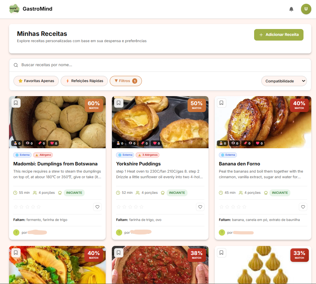 Tela Minhas Receitas com receitas personalizadas e Match Score