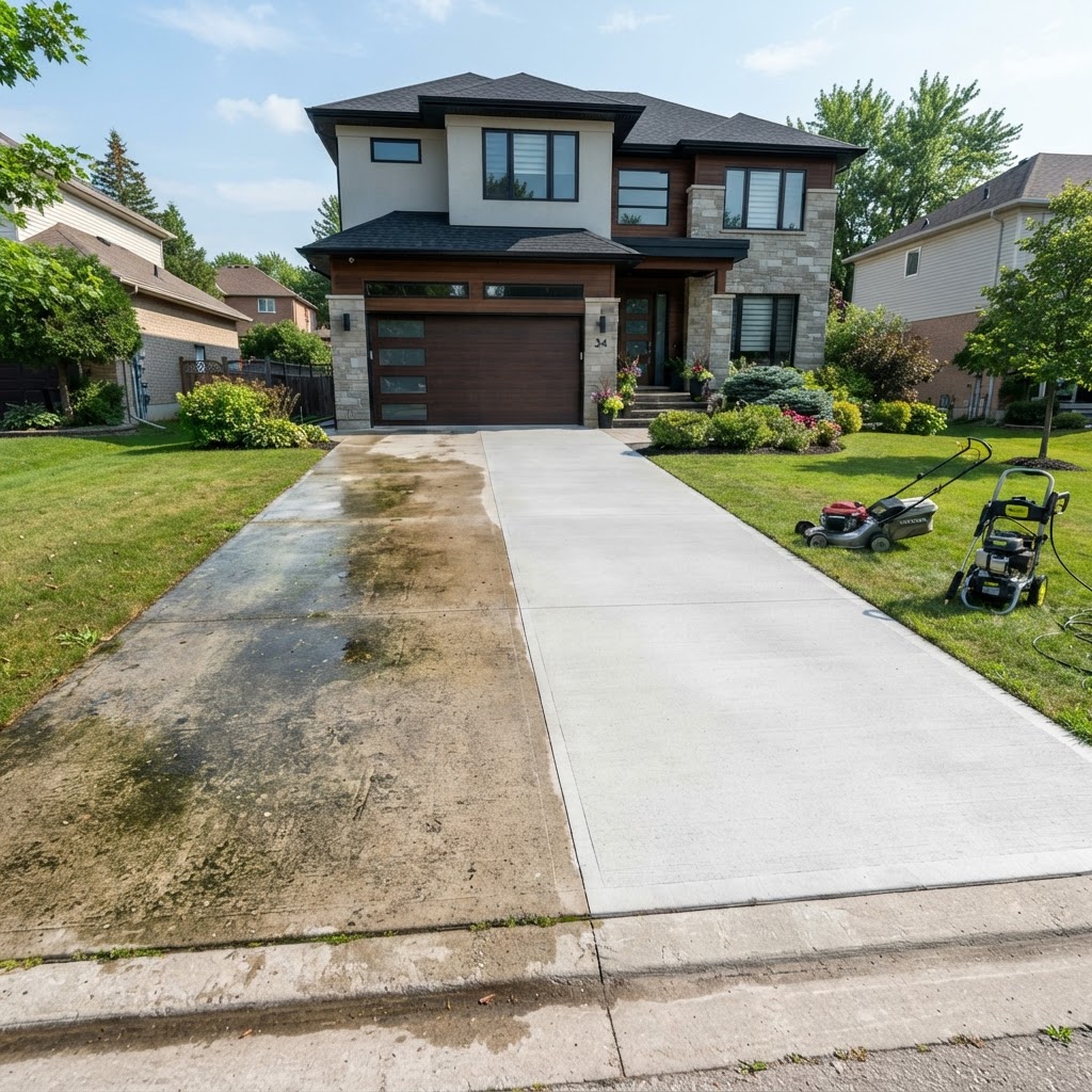 Pressure washing before and after results on a driveway