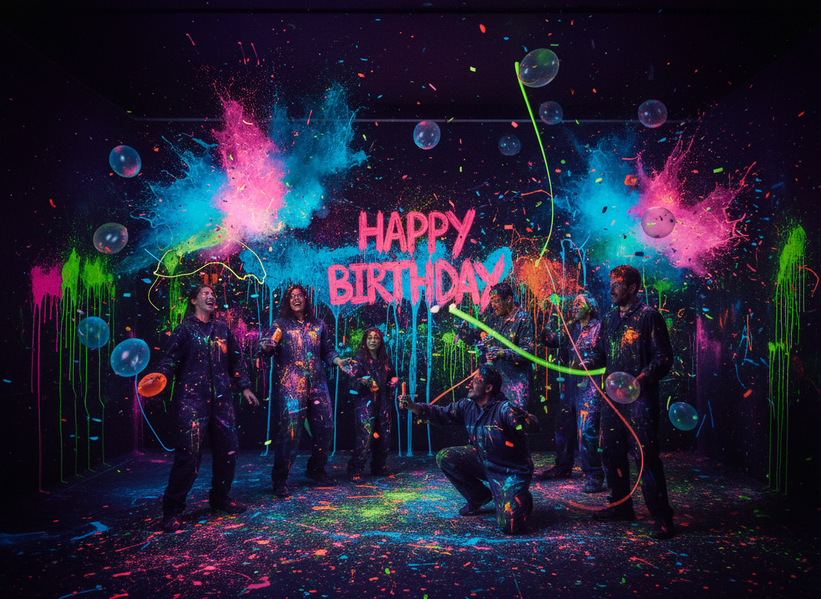 Birthday party with paint splatters and neon lighting