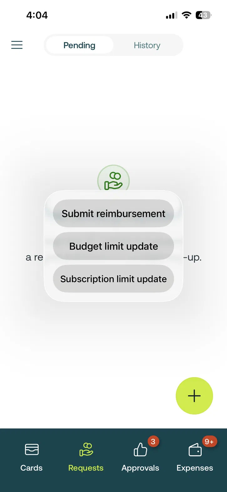 Weel menu showing Submit reimbursement, Budget limit update and Subscription limit update options