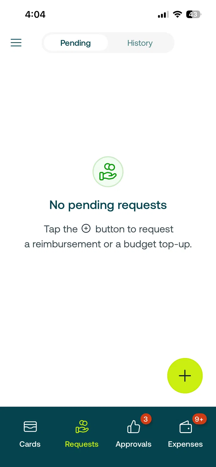 Weel Requests tab showing no pending requests, with the green + button in the bottom corner
