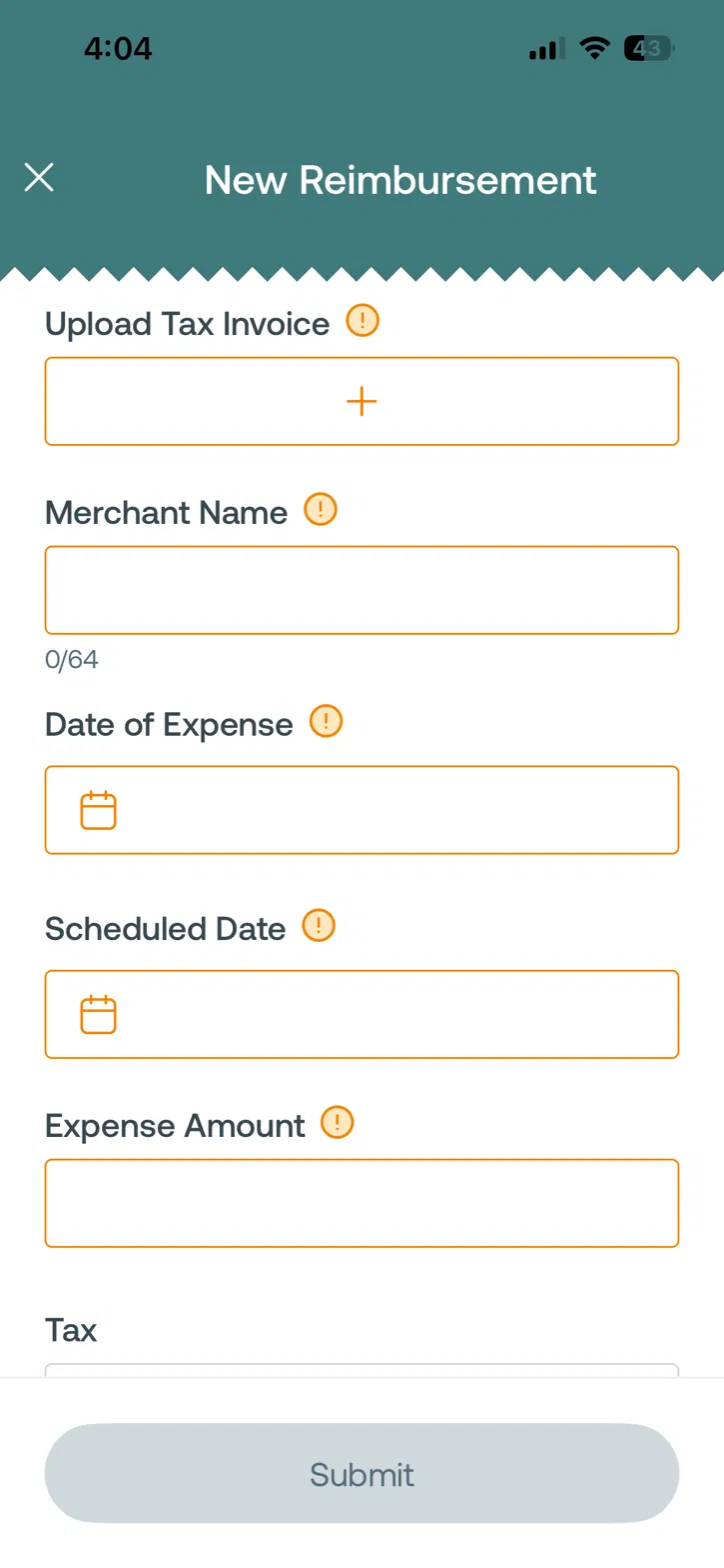 Weel New Reimbursement form with upload, merchant, date and amount fields