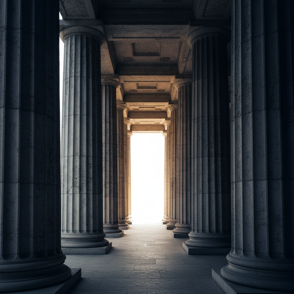 Three architectural corridors converging toward one direction