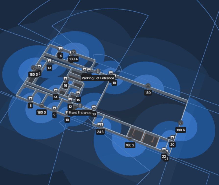Facility layout showing camera coverage visualization