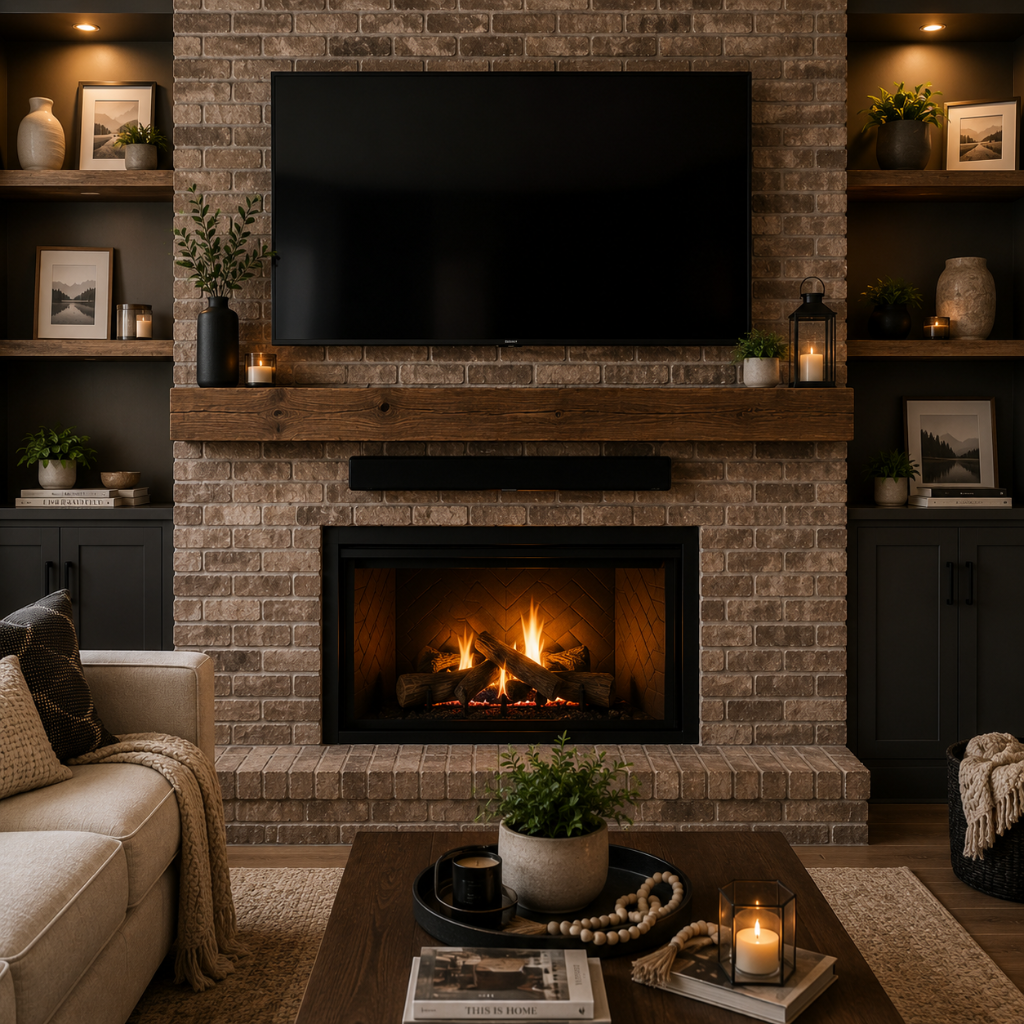 TV mounted above fireplace on brick wall