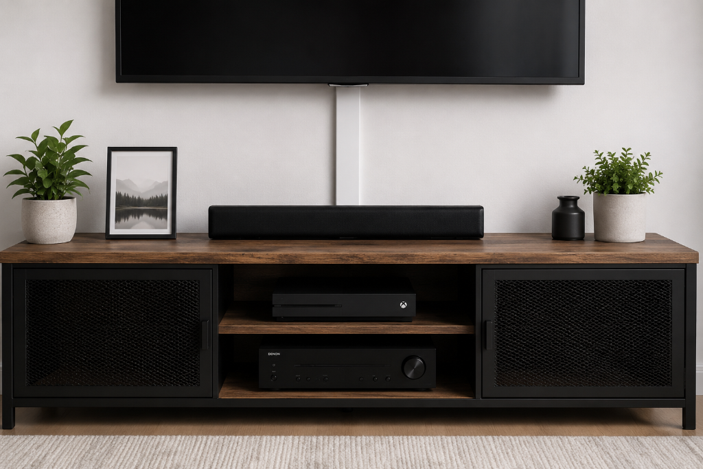 Clean TV mounted above media console