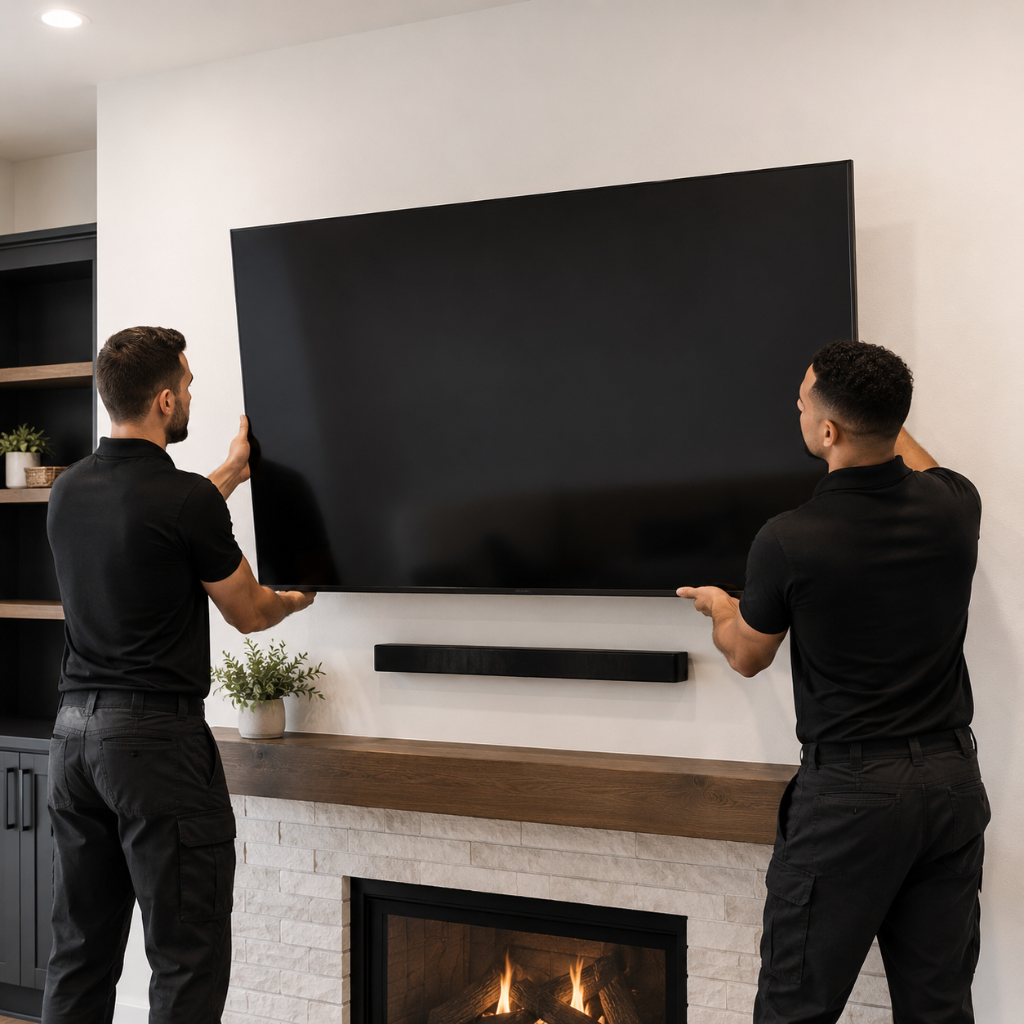 Technicians mounting a large TV above fireplace