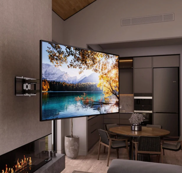 Large TV on articulating wall mount in modern living room
