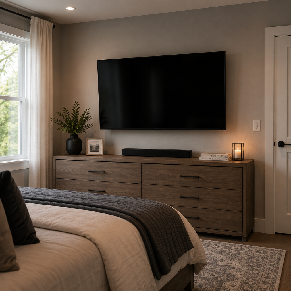 TV mounted above dresser in bedroom