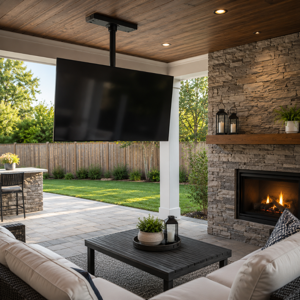 TV ceiling mounted on outdoor covered patio