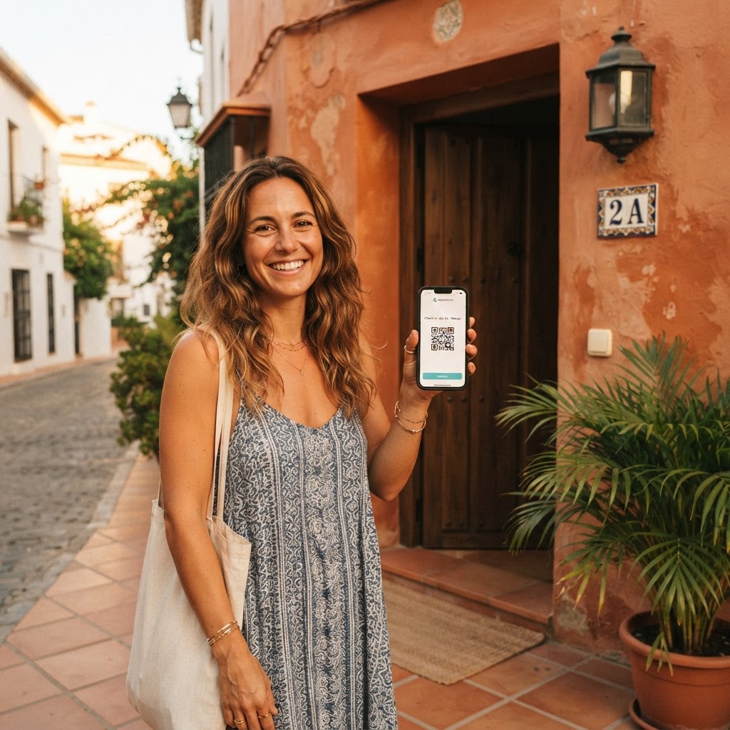 Voyageuse scannant le QR code d'accès à l'entrée d'un logement, lumière chaude